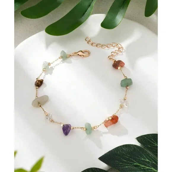 Natural Multi Gemstone Beaded Bracelet Gold Adjustable Chain Raw Crytal Colorful - Picture 2 of 5